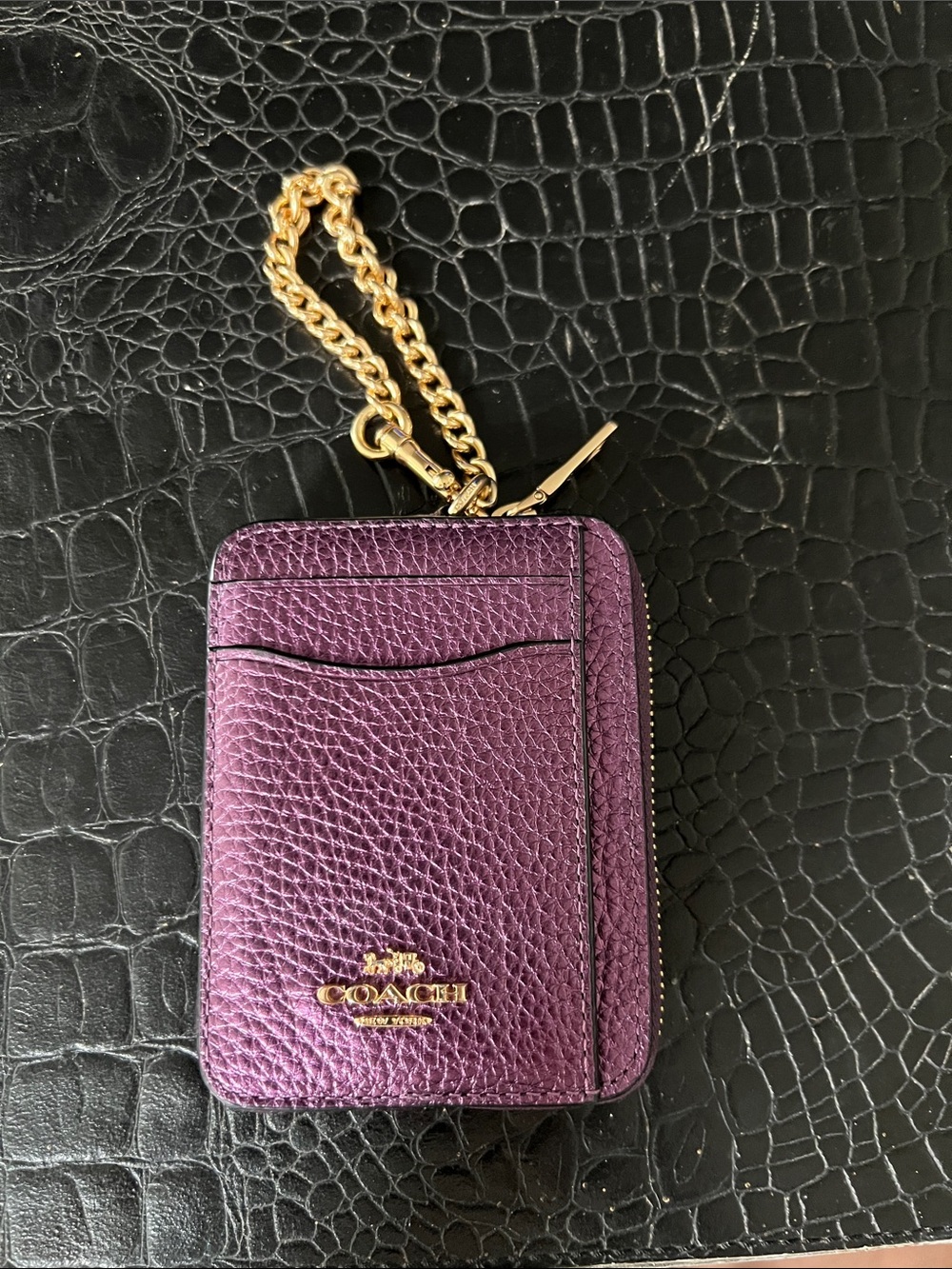 Coach Purple Leather Card Case with Gold Chain - Picture 1 of 3